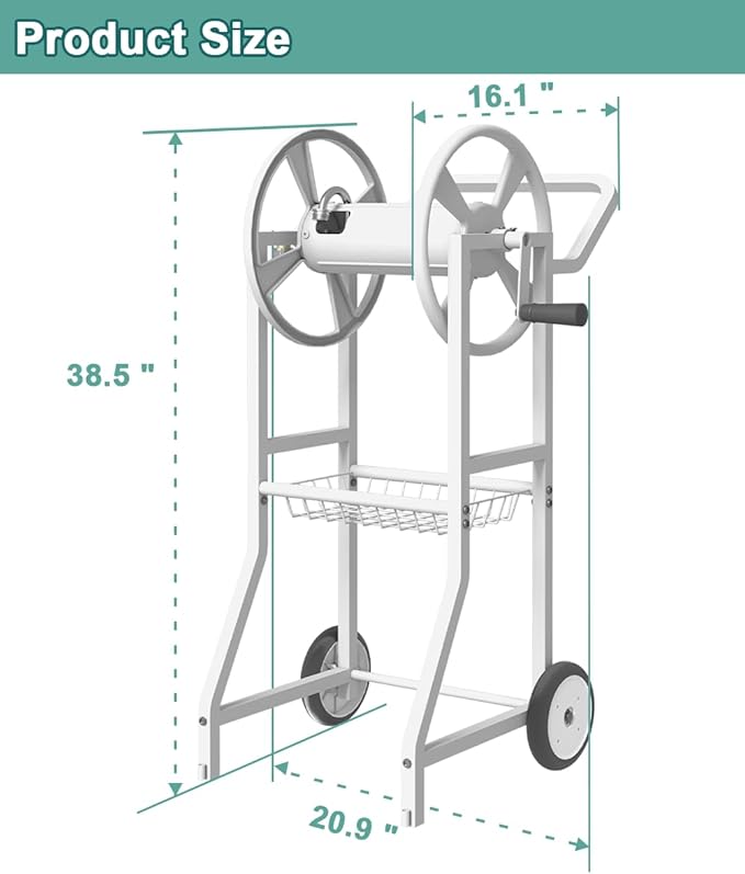 Artigarden Garden Hoses Reel Cart with Wheels, Outdoor Heavy Duty Powder Coated Steel Water Winder Storage Holds 125 ft 5/8" Hose with 3.9ft Leader Hose and Basket for Backyard, Yard, Lawn, White