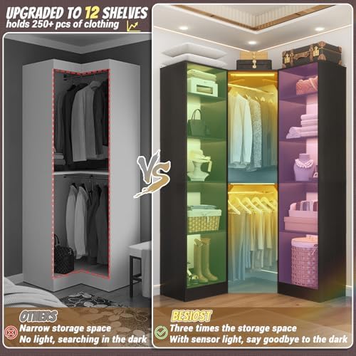 Besiost Corner Closet System with 2 Motion Sensor Lights, 39.2" Corner Closet Organizer with 12 Shelves, Closet Corner with 2 Hanging Rods, Versatile 6-Tier Walk-in Closets for Corner Space, Black
