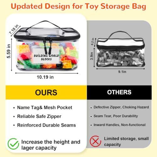 Tesuko 6 Pack Clear Toy Storage Bag with Name Tag& Manual Pocket, Waterproof Transparent PVC Toy Organizer Case for Lego Bricks, Board Games, Building Blocks, Puzzles (Large Capacity, Black)
