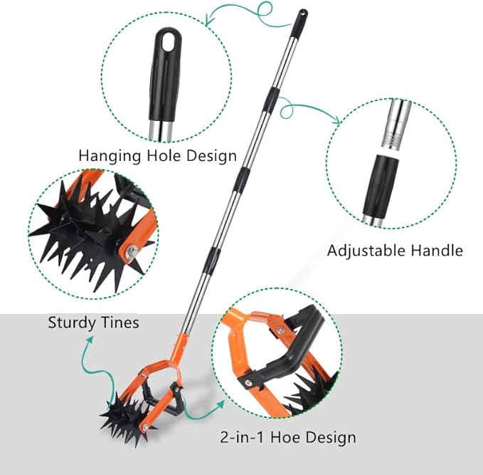 Rotary Cultivator Tool,71 Inch Hand Tiller for Gardening, 2-in-1 Garden Weeding Hoe and Crumbler for Soil Mixing or Reseeding Grass