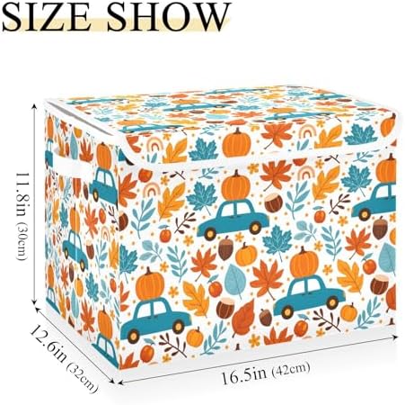 senya Thanksgiving Storage Baskets Collapsible Storage Bins with Lids, Thanksgiving Fall Maple Leaves Truck Pumpkins Storage Boxes Clothes Baskets for Organizing