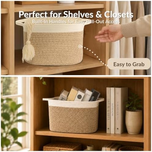 XUANGUO Woven Cotton Rope Storage Basket with Handles 13x10x9 inch