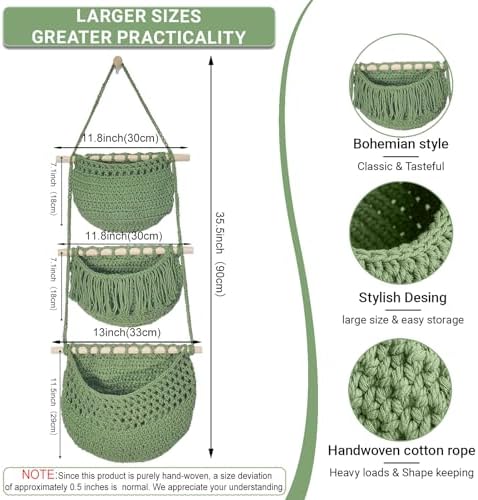 Halidali 3 Tier Hanging Fruit Baskets for Kitchen, Boho Cotton Rope Handwoven Vegetable Hammock Produce Storage Wall Mounted Large Organizing Basket for Farmhouse Decor, Onion, Potato (Green)