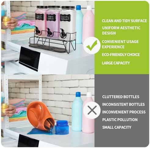 3 Sets 2.2L Liquid Laundry Detergent Dispenser, Glass Laundry Soap Dispenser with Stand, Measuring Cup, Fabric Softener Dispenser for Laundry Room Organization
