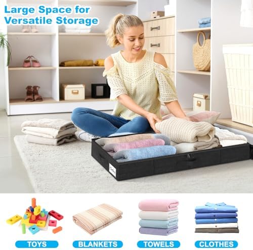 Under Bed Storage Container Bins 2 Pack, 5 Inch Thin Low Profile Underbed Clothes Storage Organizer for Dorm & Home, Use for Blanket and Toy Storage Box W/ Sturdy Bottom/Sides, Foldable Thick Fabric