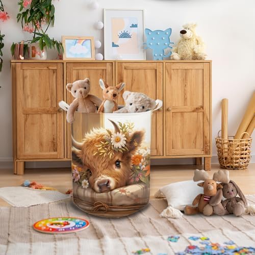 Highland Cow Laundry Basket, Farmhouse Floral Western Cow Waterproof Collapsible Laundry Hamper Dirty Clothes Storage Toy Bin Organizer for Nursery Girls Kids Room Bathroom Bedroom