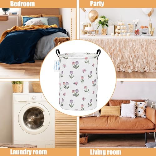 Round Laundry Basket Collapsible Storage Hamper Organizer Romantic Tulip | Waterproof Canvas Foldable Baskets with sturdy Handles Multi-scene Organizer for Home Play Bedroom Gift Bin