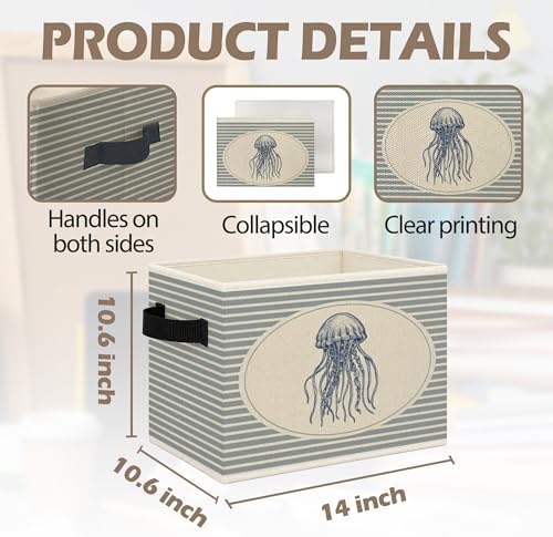 Blue Coastal Beach Jellyfish Foldable Storage Bins Box with Handles, Ocean Nursery Jellyfish Marine Life Collapsible Toys Books Clothes Organizer Basket for Kids Nursery Bedroom Bathroom