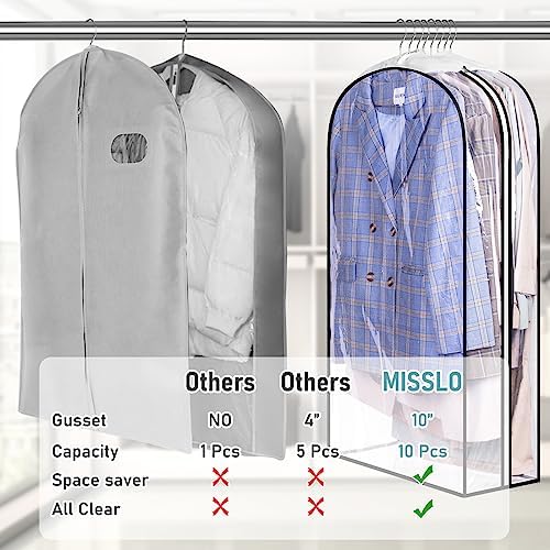 MISSLO 10" Gusseted All Clear Garment Bags for Hanging Clothes 40"+50" Suit Bags for Closet Storage Dresses Protectors for Shirts, Coats, Gowns, 3 Packs