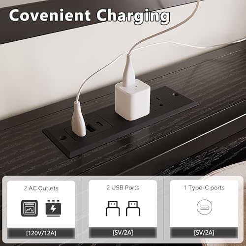 VINGLI Full Bed Frame with 4 Storage Drawers and Adjustable Headboard Shelf, Metal Double Platform Captain Bed with Charging Station and RGB LED Lights, No Box Spring Needed, Noise Free, Black