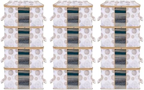 Kuber Industries Pack of 12 Non Woven Underbed Storage Organizer | Storage Bags For Clothes, Blanket | Clothes Storage Bag For with Handle & Visible Window | Gola Print - White