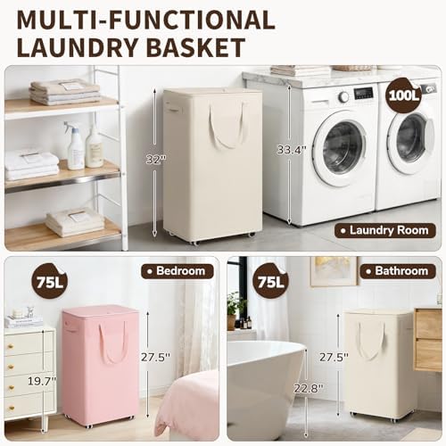 Goodpick 100L Large Rolling Laundry Basket with Wheels and Lid, White | 17.2" × 13.2" × 32" Collapsible Laundry Hamper for Clothes, Towels & Bedding, Fits Bedroom & Bathroom, Removable Wash Bag
