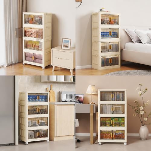 Stackable Plastic Storage Bins with Lids 5 Tier, Collapsible Closet Organizers and Storage with Wheels for Living Room,Office,Dorm 18.9" W x 10.6" D x 46.9" H