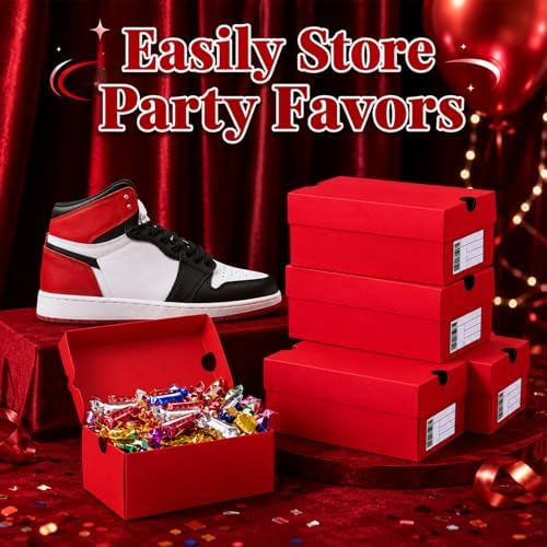 Bornerwhite 12 Sets Mini Shoe Gifts Boxes Mini Sneaker Boxes 4.7x2.5x2 Small Shoe Cases Cardboard Sports Theme Small Gift Case with Writable Label Birthday Party Favor for Candies Cookies Snacks Red