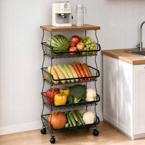 VECELO 5-Tier Fruit Basket with Wheels, Fruit and Vegetable Storage Cart for Kithchen, Stackable Produce Organizer Wire Baskets for Kitchen, Pantry, Living Room