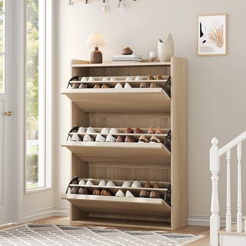 GarveeHome Shoe Cabinet with 3 Flip Drawers, Wooden Shoe Organizer Cabinet with Adjustable Shelf, Shoe Storage for Entryway, Hidden Shoe Cabinet for Hallway, Living Room, Natural Oak