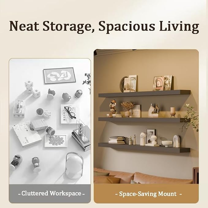 72 Inch Floating Shelves for Wall, Set of 3 | Wood Wall Mounted Shelves with Invisible Brackets, Rustic Farmhouse Extra Long Shelf for Bedroom Living Room Kitchen (Grey)