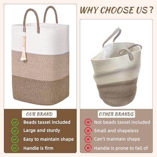Woven Laundry Basket for Clothes,100 L Large Rectangle Laundry Hampers with Beads Tassel, Nursery Storage Basket for Toys, Tall Dirty Clothes Hamper for Bedroom Aesthetic, Laundry Room Organization