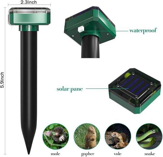 Mole Repellent Solar Powered, 8 Pack Waterproof Ultrasonic Gopher Vole Repellent Outdoor, Rat, Squirrel, Skunk, Repellent for Lawn Garden Yard