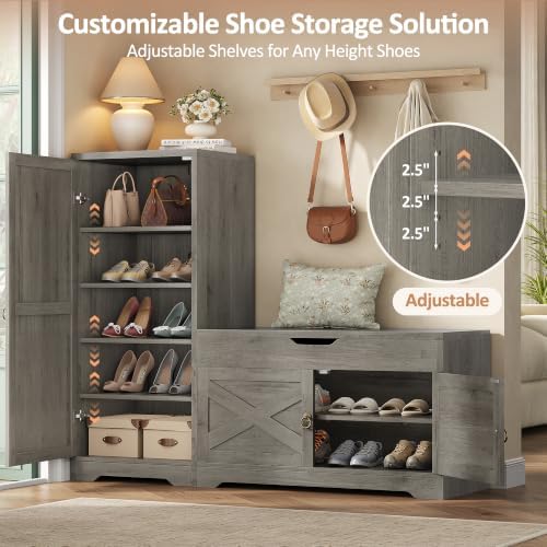 47'' Shoe Storage Bench, 7-Tier Storage Bench, L-Shaped Entryway Bench with Adjustable Shelves, Hidden Lift Top Storage Seat and 0.7'' Top Panel for Hallway Living Room, Grey