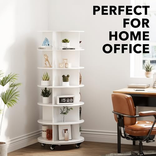 SpaceAid Spinning Shoe Rack with Wheels, 6 Tier Rotating Organizer Shoe Tower Lazy Susan with Thick Bottom, 360 Display Revolving Storage Shelf, Round Circular Rotate Organization, White
