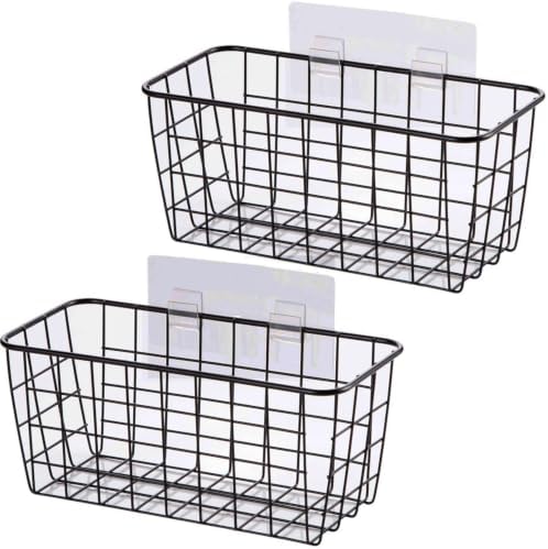 Black Hanging Wall Baskets,inside cabinet door organizer,Adhesive Wire Wall Storage Baskets for Pantry and organizer, Kitchen onion Food photo Bathroom,No Drilling Wall Mounted Basket,2 Pack