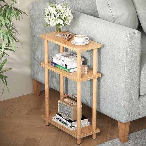 Apicizon Small Narrow Side Table, 3-Tier Skinny End Table, Natural