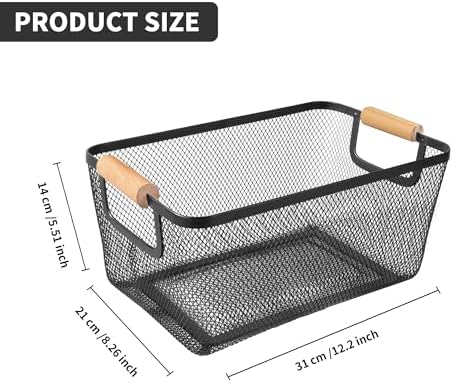 2 Pack 12" Wide Metal Mesh Baskets with Bamboo Handles for Pantry Organization | Wire Storage Bins for Kitchen, Cabinet, Fruit & Snacks | Decorative Farmhouse Style Organizer