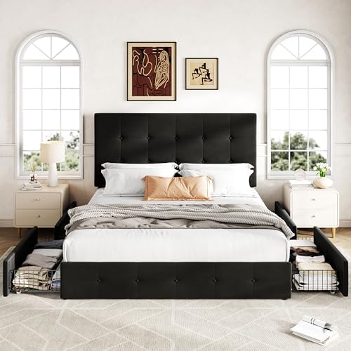 Allewie Full Size Storage Bed Frame with 4 Underbed Drawers, Soft Black