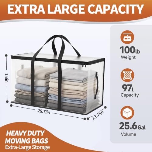 CONGREGATE Extra Large Heavy Duty Moving Bags 8 Pack Semi‑Transparent | Storage Bags with Zipper & Handles Waterproof Tote Bags for Clothes Packing Moving Dorm Home Closet Quilt & Clothing Storage