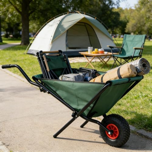 Collapsible Wheelbarrow,176 lbs Folding Yard Garden Wheelbarrow, Foldable Lightweight Gardening Heavy Duty Oxford Cloth Green Lawn Cart,10" Pneumatic Tire