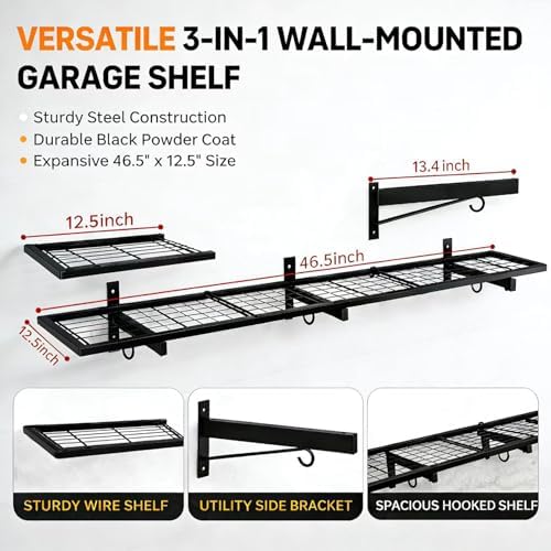 Garage Wall Shelving, 46" x 12" Floating Shelf, Heavy Duty, 190 LBS Load Capacity, Black Storage Rack for Shop, Shed, Closet, Basement