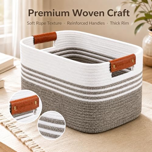 Cotton Rope Laundry Basket Small, 12.8GAL Collapsible Woven Storage Baskets for Living Room Kids Toys Stuffed Animal,Boho Rectangular Decorative Short Hamper for Dirty Clothes, Blankets Dark Brown