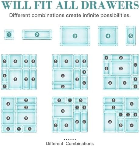13 PCS Drawer Organizer Set, 5 Size Bathroom and kitchen organizer Trays | Bathroom and kitchen Drawer cabinet organizer Trays, Clear Storage Bins for Makeup, Jewelry, Utensils and Gadgets