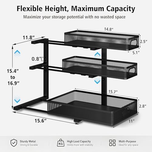Under Sink Organizer, 3 Tier Pull Out Cabinet Organizer with 5 Adjustable Heights, Metal Under Sink Storage with Sliding Drawers for Kitchen, Bathroom, Pantry and Laundry Room, 2-Pack Black