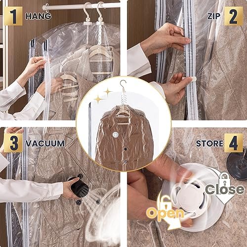 TAILI Hanging Vacuum Storage Bags Clothes, Coats, Jackets,4 Long with Pump