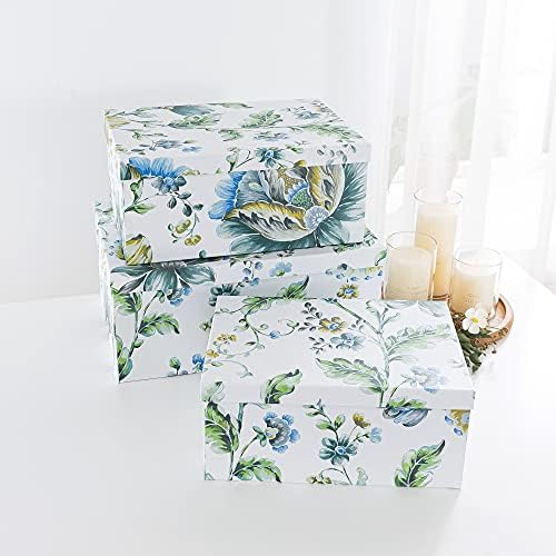 Soul & Lane - Breezy Bloom Floral Storage Boxes with Lids, Set of 3 | Nesting Decorative Photo Containers for Memories and Keepsakes, Pretty Flower Paperboard Bins, Cardboard File Boxes
