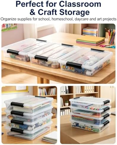 EOENVIVS Clear Flat Storage Bins with Lids, Teal-Blue Buckle Stackable Transparent Storage Boxes, Versatile Sensory Boxes Organizer for Office Home Apartment Dorm Art Craft Daily Storage 6-Pack