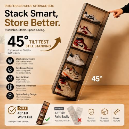 Translucent Pink Shoe Storage Boxes, 2026 2nd Gen Thickened Hard Plastic Stackable Organizer with Magnetic Door, Folding Shoe Racks for Closet, Decorative Sneaker Display Cases, 6 Pack