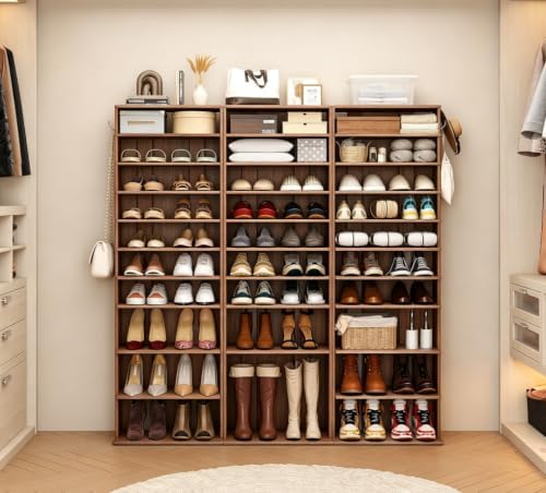 HOMEFORT 10-Tier Corner Shoe Tower - Double Rows, Slim Shoe Stand for 20 Pairs - Entryway, Hallway, Closet (Walnut)
