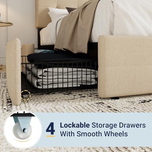 Allewie Full Size Storage Bed Frame with 4 Underbed Drawers, Beige