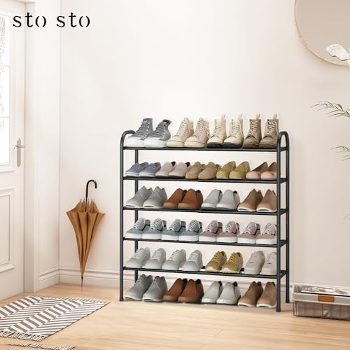 STO STO Expandable Shoe Rack, 5-Tier Metal Shoe Rack for Closet, Up to 24 Pairs Adjustable Shoe Rack Storage for Front Door Entrance, Free Standing Shoe Rack Organizer for Entryway, Black