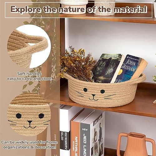 Small Woven Rope Cat Toy Basket with Cat Face Design, Jute