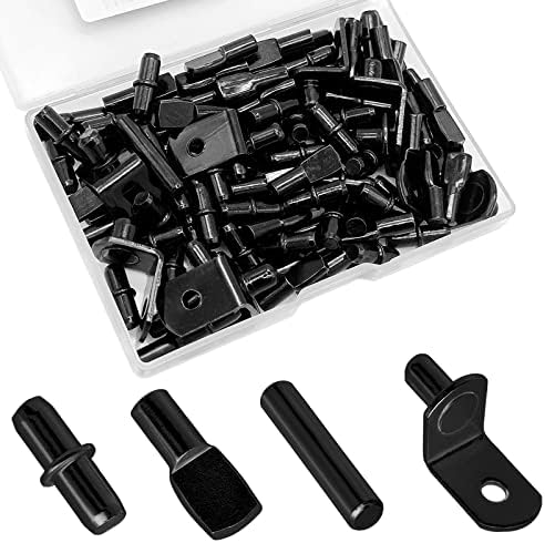 104Pcs Shelf Pins Pegs Kit,4 Styles Shelf Support Pegs,Bookshelf Pegs for Shelves,Cabinet Shelf Bracket Pegs Shelf Holders Pins for Kitchen Furniture & Closet (5mm & 1/4 inch,Black)