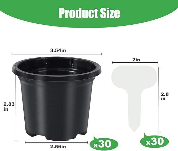 Oliz 30 Pack Black Nursery Pots for Plants, 3.5 Inch Sturdy Plastic Seedling Plant Pot with Drainage Holes, Indoor Outdoor Garden Seed Starter with 30 Plant Labels
