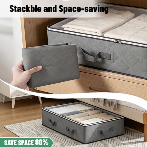 Pterying 8 Pack Under Bed Storage Containers with Transparent Clear Window | Underbed Storage Bins with Reinforced Handles, Dual-Zipper for Clothes, Comforters, Blankets and Bedding, Gray