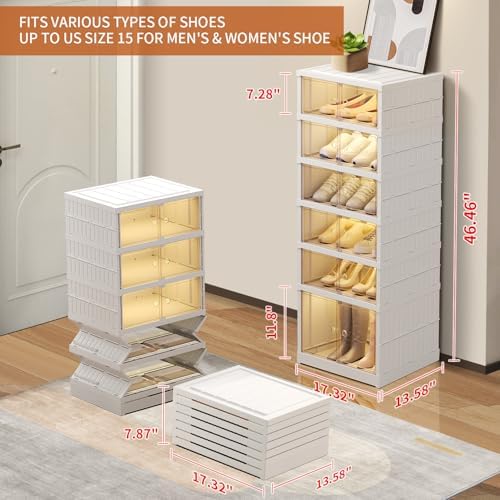 EHAMILY 6-Tier Foldable Shoe Rack Organizer, Magnetic Doors, 12 Pairs,White