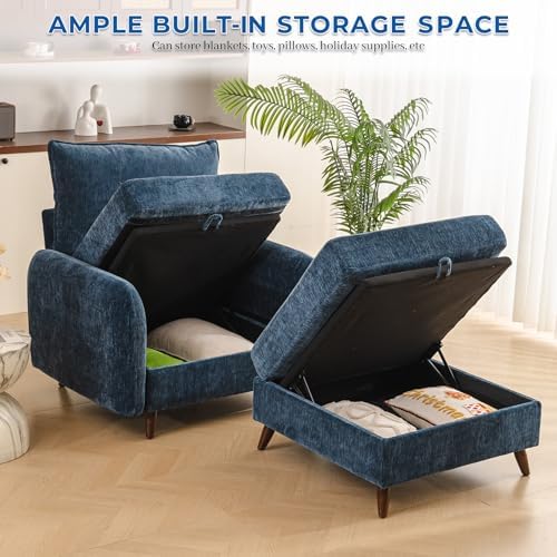 Rexulqo Oversized Accent Chair with Ottoman,All Seats Storage,Comfy Big Armchair,24.5'' Deep Seat,Upholstered Living Room Chairs,Reading Chair,Lounge Chair for Bedroom,Office,Chenille,Blue