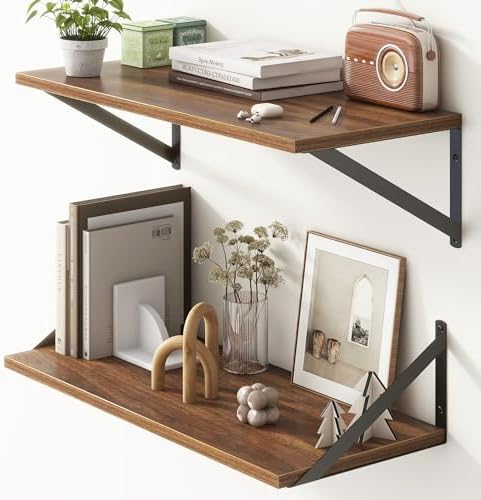 Deep Walnut Floating Shelves for Wall, 24"W x 10"D Wall Shelves Set of 2, 10 Inch Deep Floating Shelf with Brackets, Wide Display & Storage Shelves for Books, Living Room, Kitchen, Bathroom