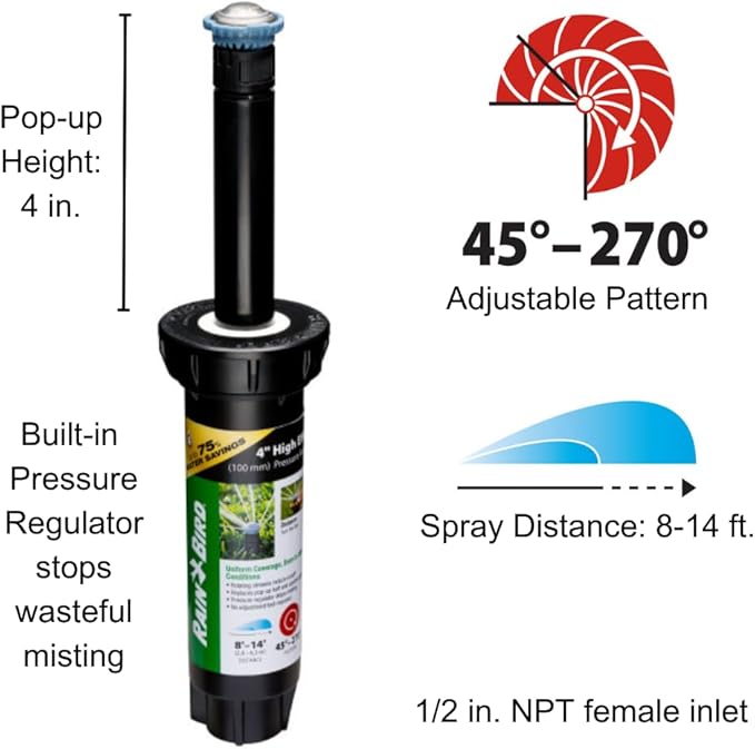 Rain Bird 8SAPROPR Pressure Regulating (PRS) High-Efficiency Pro Rotary Sprinkler, Hand Adjustable 45° - 270° Pattern, 8' - 14' Spray Distance, 4" Pop-up Height